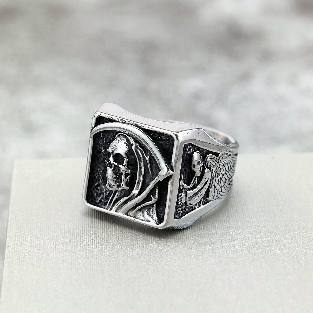 Vintage Stainless Steel Punk Style Solid Skull Grim Reaper Halloween Ring