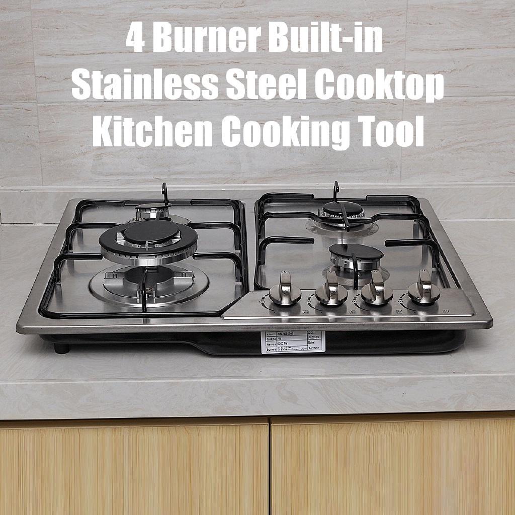 Silver + Black 4 Burner Built-in Cooktop Stainless Steel Gas Stoves Natural Gas Hob Kitchen Cooking Appliance Cookware Gas Cooker 58*50cm