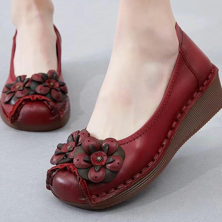 New floral real leather shoes for women 2025 spring ballet flats luxury  designer wedges loafers soft wedges moccasins