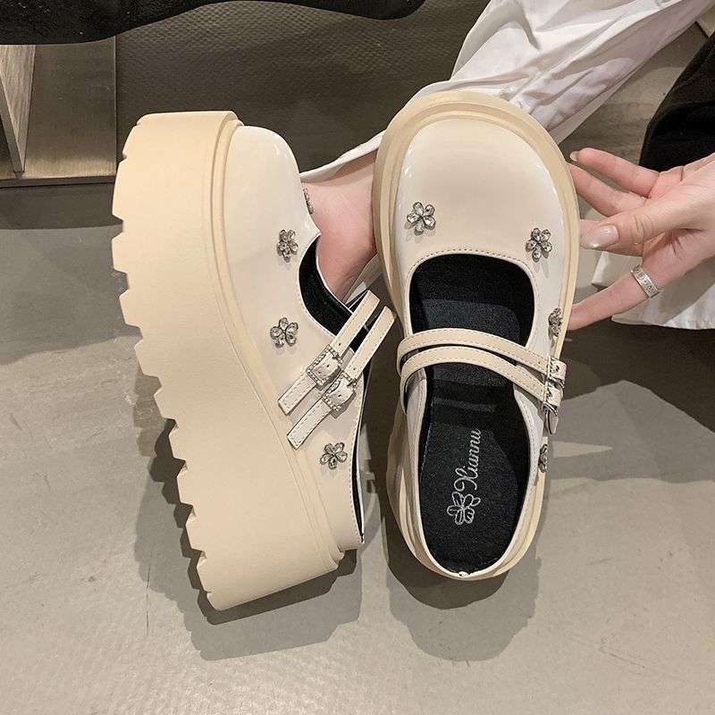 Thick-soled Heightening Mary Jane Shoes Women's Shoes 2025 New Small Double Straps Rhinestone Patent Leather Heightening Half Slippers Women