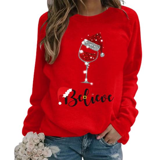 Sweatshirt Jumper Loose Fit Thick Autumn Winter Shiny Wine Cup Print Christmas Sweatshirt for Home