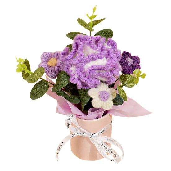 Crochet Flower Bouquet Handmade Artificial Knitted Bouquet Fake Sunflower Carnation Tulip Puff Flowers Gifts for Mother Wife On Birthday Anniversary