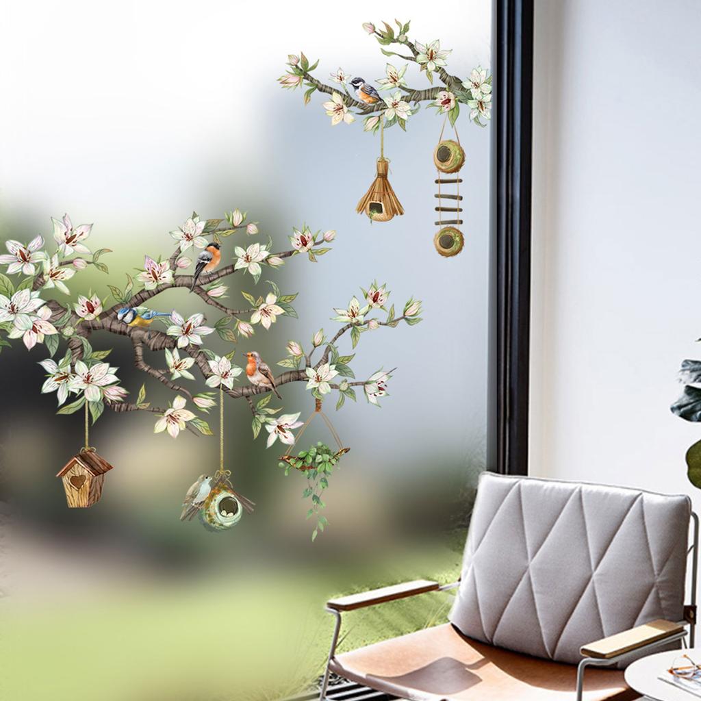 Uccelli su rami fioriti, adesivi murali rimovibili per finestre, decorazioni floreali artistiche per finestre in vetro.