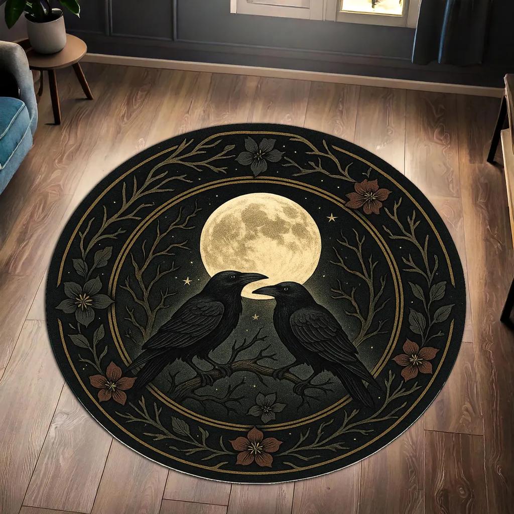 Raven and Full Moon Round Rug Gothic Witchy Carpet with Celestial Stars and Botanical Accents for Dark Boho Home Decor Mat