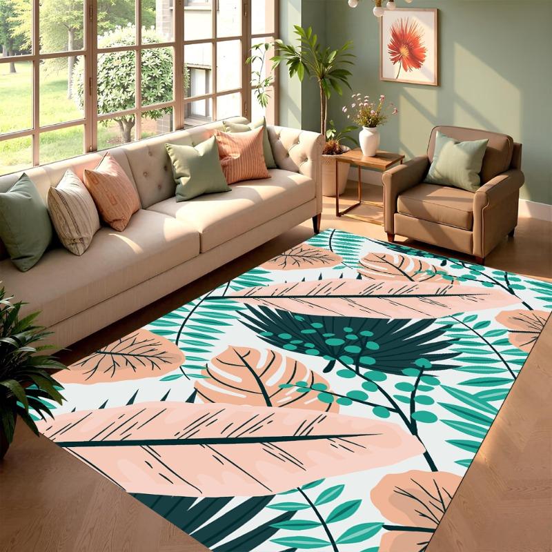 Minimalist Plants Illustrations Area Rug Geometric Line Leaves Design Modern Home Decor Carpet Soft Non-Slip Mat for Living Room