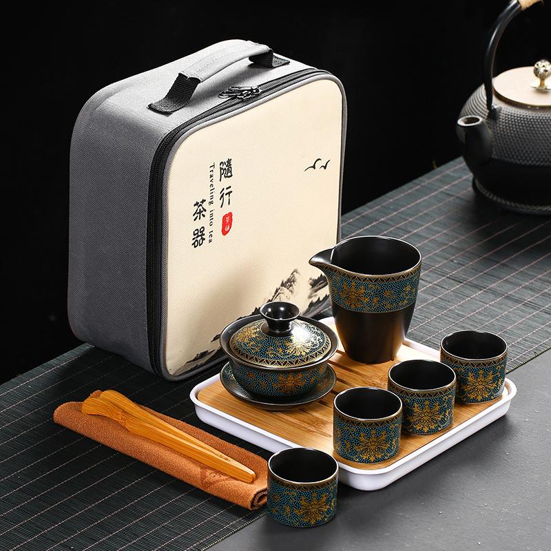 Pile flower gilt whole set Kung Fu tea set Portable travel tea set Business enterprise Company event gift set