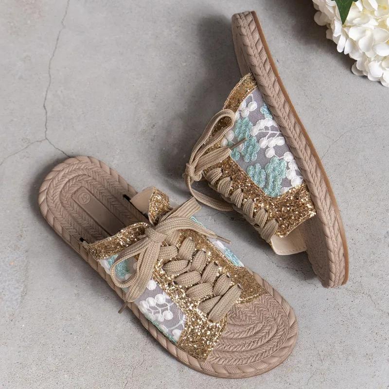 Fashion Women's Slippers 2025 Summer New Style Fashion Embroidery Decoration Casual Lace-up Mesh Open-Toe Flop Women's Large Size