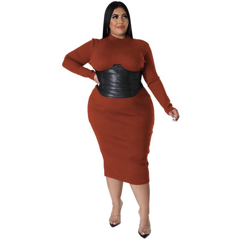 Plus Size Womens Knit Midi Dress With Zipper Detail Double-Layer Collar Long Sleeve Milk Silk Fabric Sweet Fresh Style