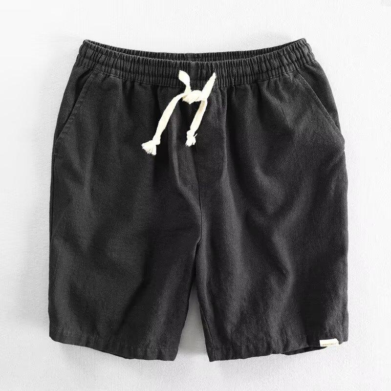 Summer Light and Thin Ramie Shorts Solid Color Simple Elastic Drawstring Cotton Beach Casual Loose Five-point Pants Men