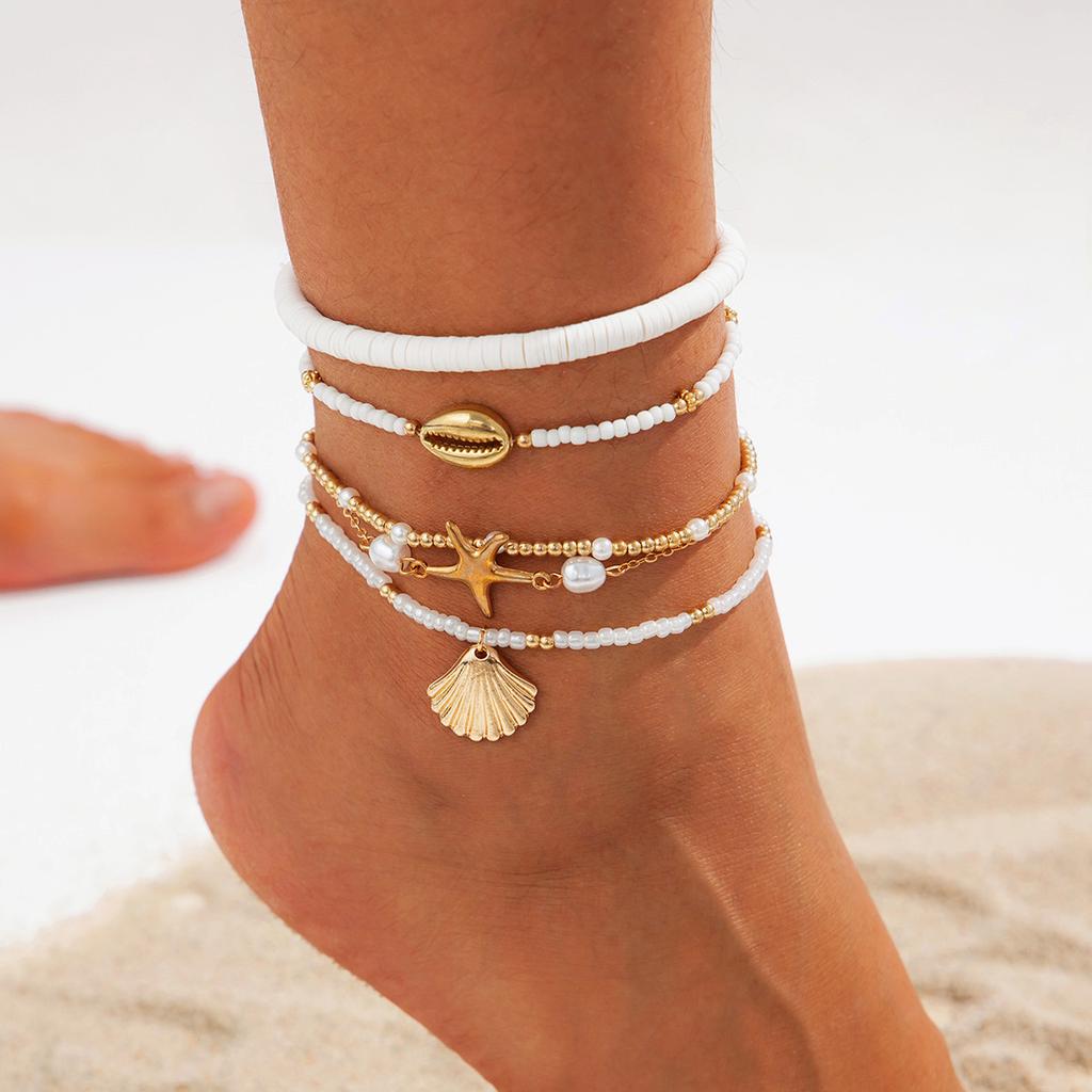 Ingemark Y2K Boho Starfish Conch Pendant Anklet for Women Summer Beach Vintage Rice Beads Ankle Barefoot Chain Foot Jewelry Set