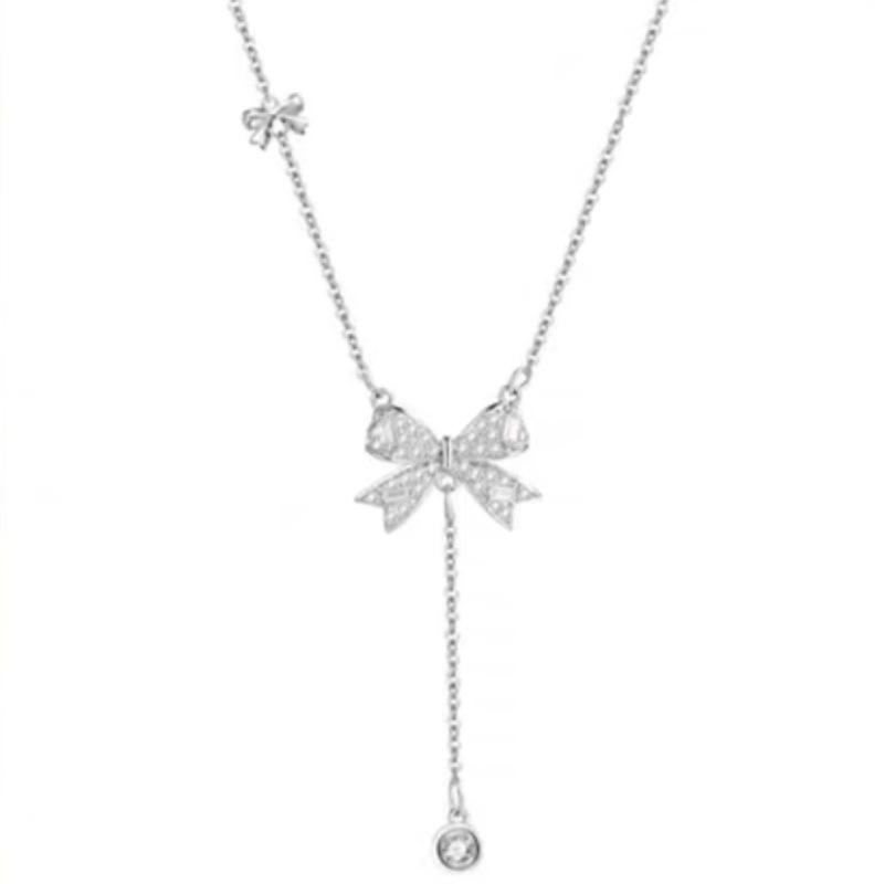 Korean Style Butterfly Bow Zircon Long Tassel Pendant 925 Sterling Silver Necklace for Women 925 silver белый