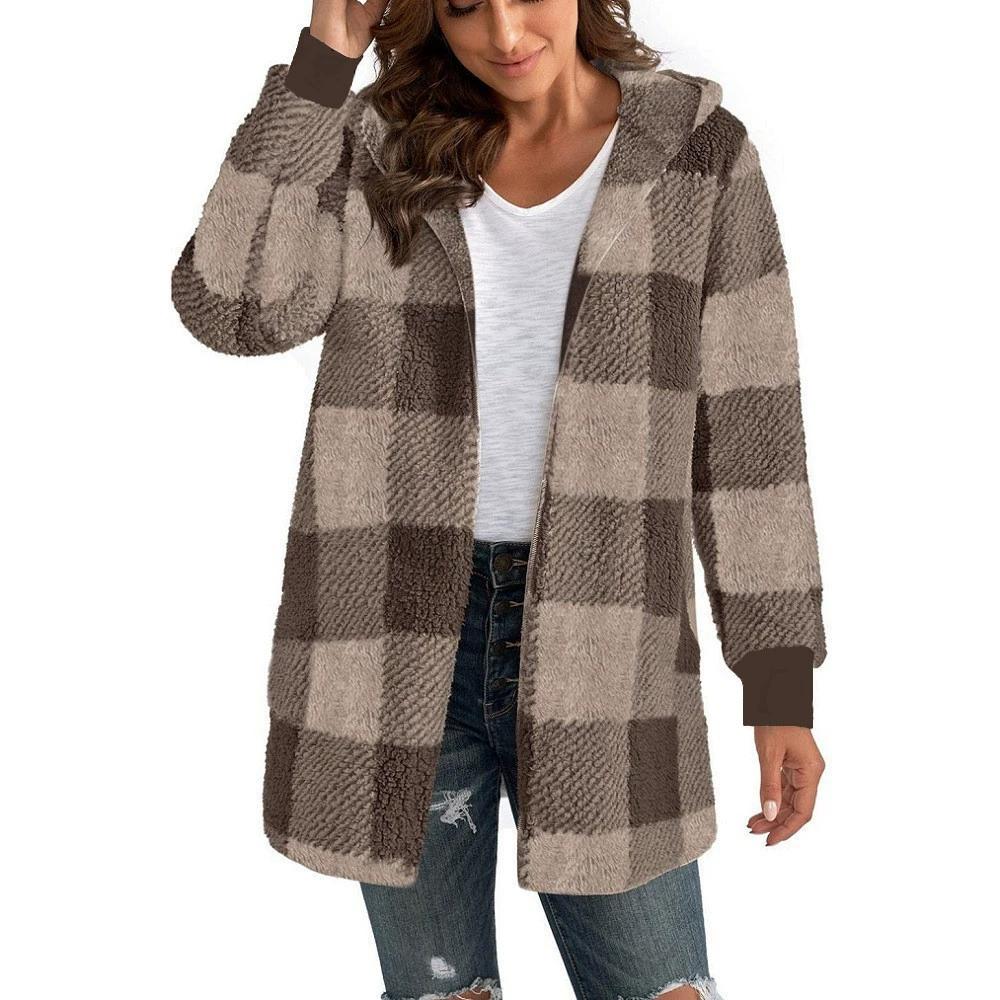 Loose Plaid Color Blocked Plush Cardigan, Fashionable Sweater for Women