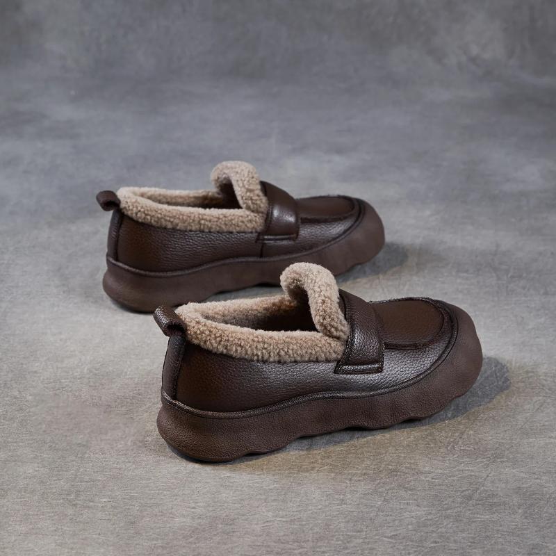 Johnature Genuine Leather Flat Slip-on Cotton Shoes Casual Soft Sole With Plush Warm Women's Loafers