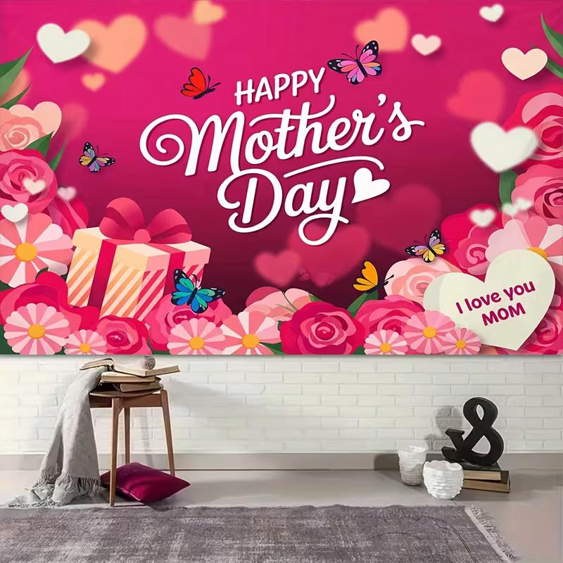 2D Romantic Mother's Day Backdrop Pink Heart and Flower Butterfly Decoration for Photo Booth