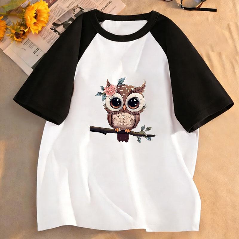 Cartoon Spring Kid Teen Tshirt Short Sleeved Owl Print Comfortable Casual Tops Tees Children's Clothing Boys and Girls T-shirt
