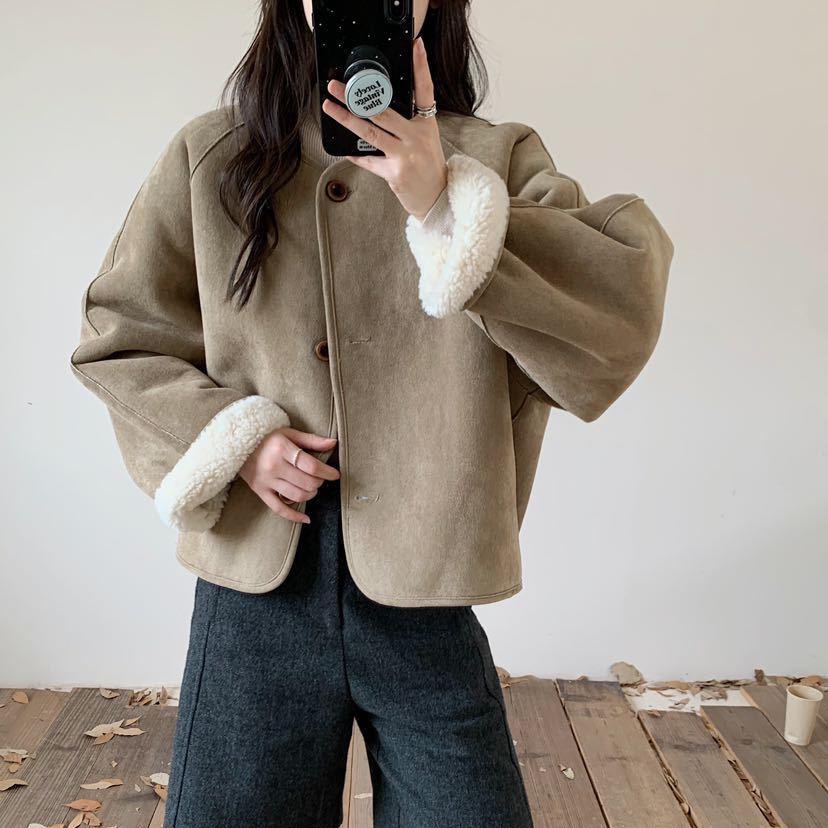 Women's Korean Style Leather & Wool Jacket - Warm Lambswool, Autumn/Winter, Loose Fit, Small Size