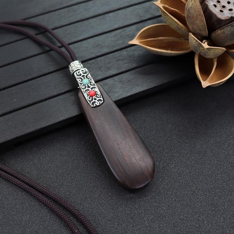 Retro Literary and Artistic Long Ebony Necklace Wooden Pendant Women's Simple Zen Sweater Chain Cotton and Linen Accessories