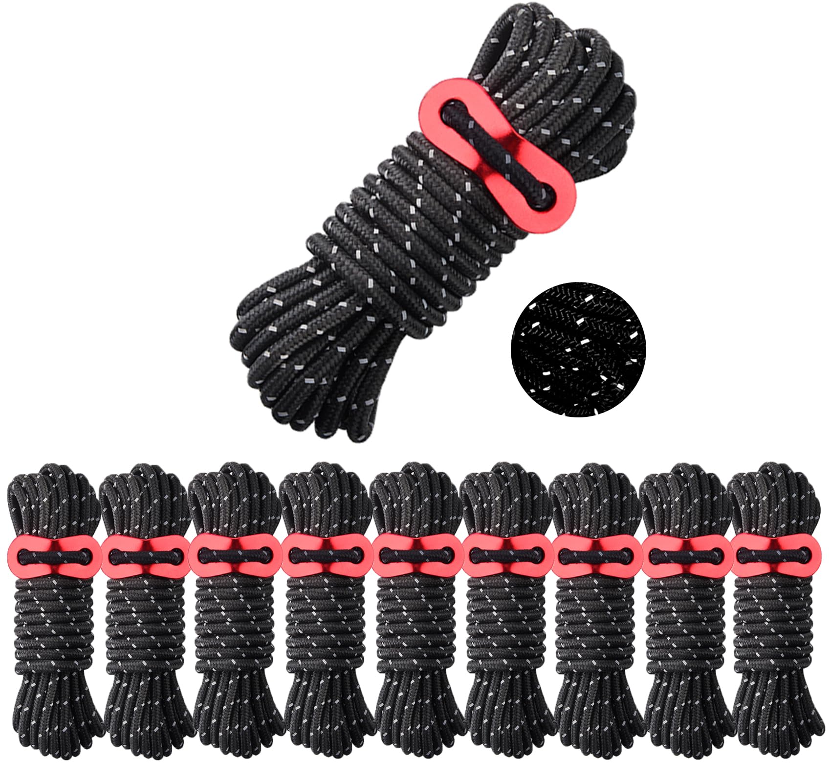 

AVOFOREST Paracord Guy Rope, 10 Bundles/Set, 4m x 10 Bundles (Total 40m), Reflective Material, 4mm/5mm Diameter, 12-Core, 500kg Load Capacity, with Ad