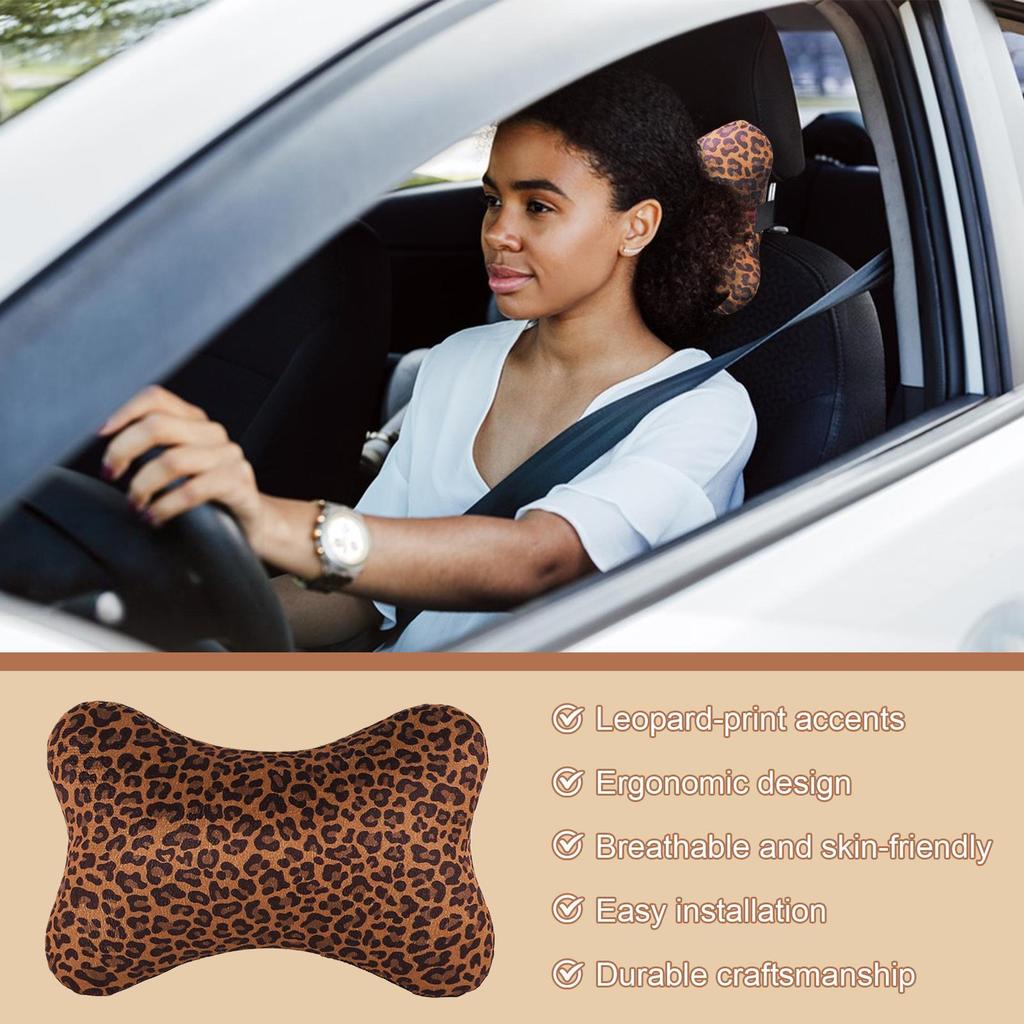 Headrest Pillow For Car 2 Pieces Comfortable Cushion Leopard Print Car Pillow With Adjustable Strap For Adults Passenger Driving