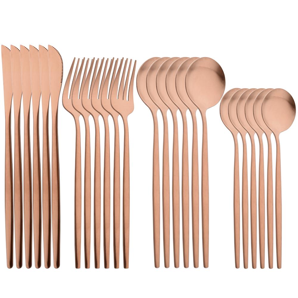 JANKNG 24Pcs Matte Dinnerware Golden Knife Fork Dessert Spoons Flatware Set Stainless Steel Cutlery Set Kitchen Silverware Set