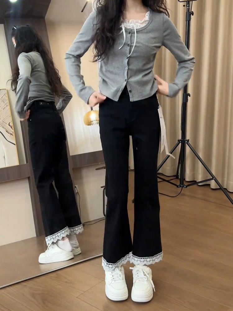 

Черные джинсы микро с кружевной отделкой для женщин весна и осень, для фигуры типа груша , узкие расклешенные брюки длиной 9 минут, ретро уличный стиль, мешковатые длинные джинсы для леди 4XL