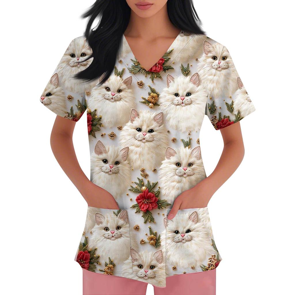 Γυναικεία μπλουζάκια εργασίας με κοντό μανίκι με μοτίβο V με λαιμόκοψη