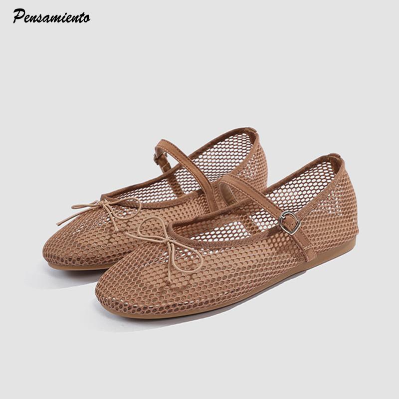 Summer Air Mesh Hollow out Women Ballet Flats Casual Soft Soles Bowknot Mary Janes Loafers Girls Walking Dance Shoes