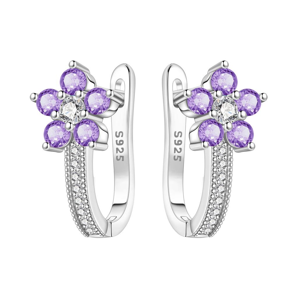 Original NEW S925 Silver Pink Purple Flowers Plants leaf Series Earring Hoop Earrings Women Jewelry Party Gifts