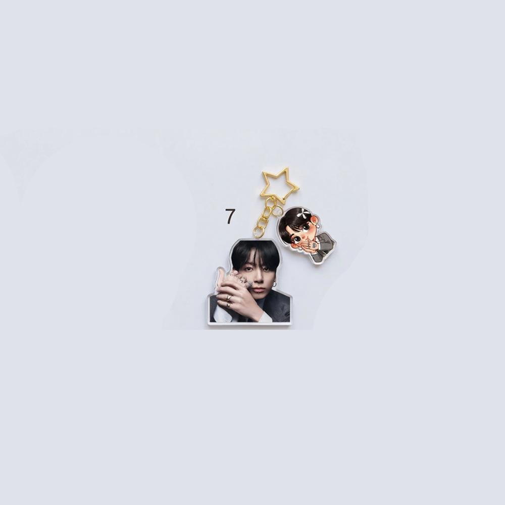 BTS Double-Charm Keychain, Bangtan Boys Photo & Cartoon Suit Figure Keyring with Star Hook, Kpop Idol Bag Pendant for ARMY Fans