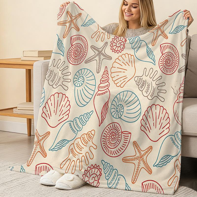 Soft Flannel Blanket Ocean Shell & Starfish Pattern, Breathable Lightweight All-Season Throw, Cozy Home Office Blanket for Halloween Christmas Decor