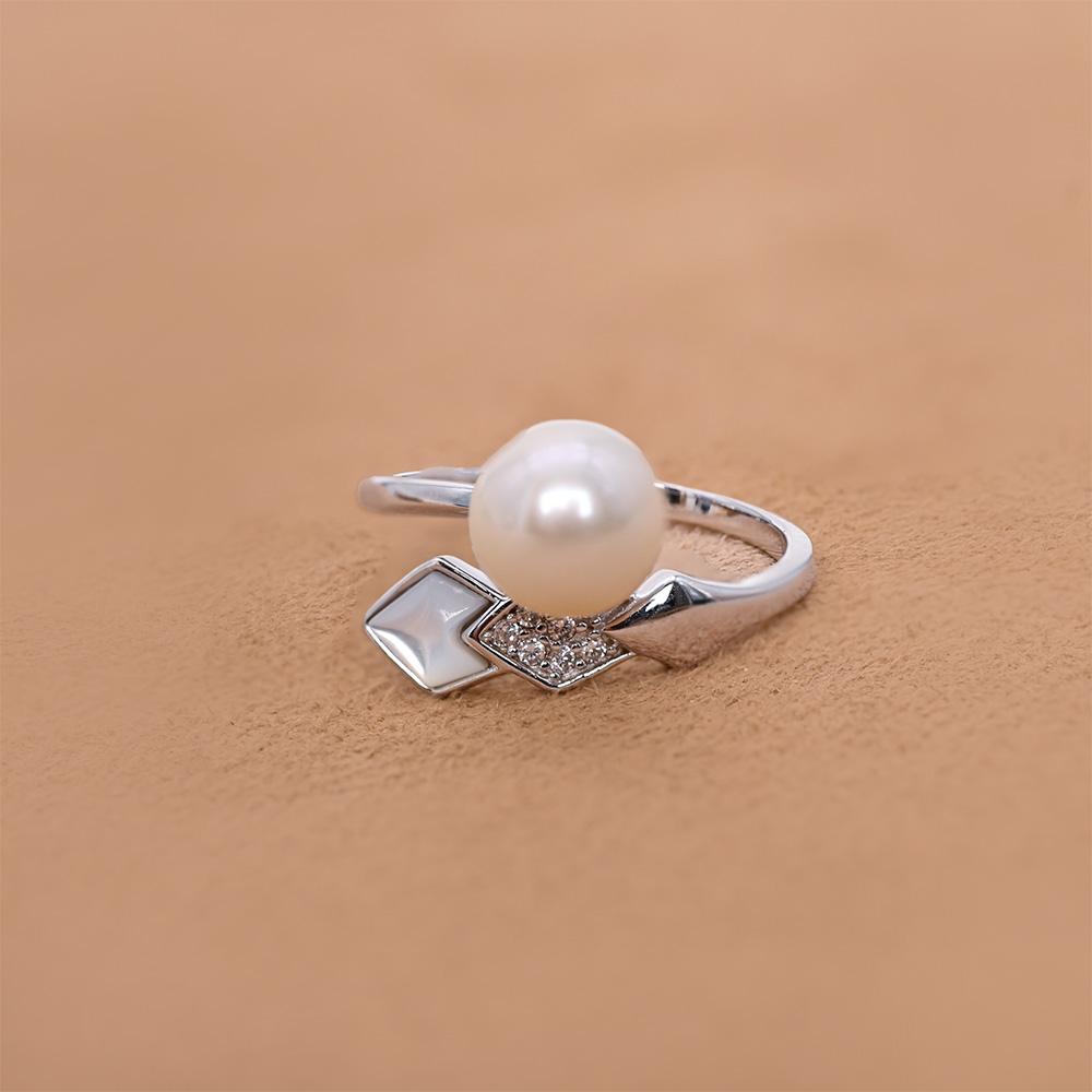 Rhombus 925 Sterling Silver Pearl Ring CZ Inlaid 10-11mm Natural Freshwater Pearl Rings Adjustable for Women Daily