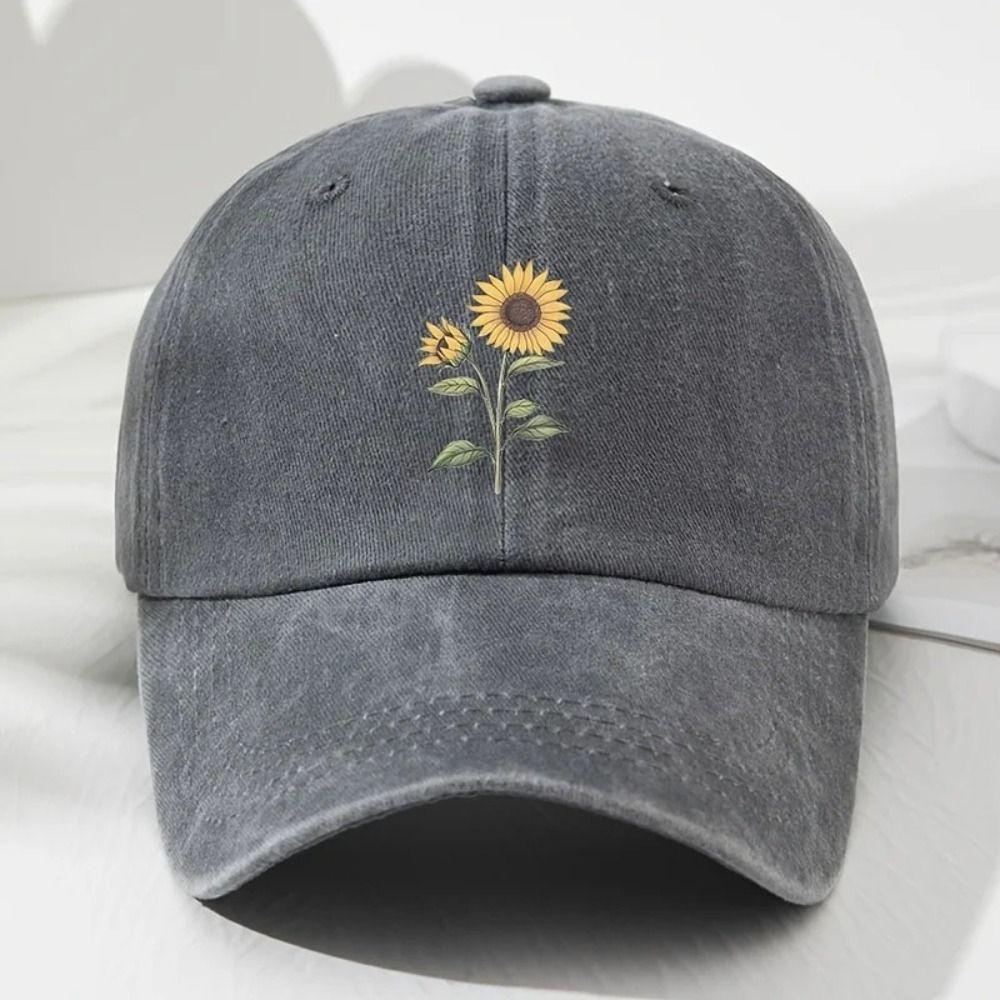 Distressed Dad Hat Sunflower Printed Travel Hat Minimal Baseball Cap For Women Man