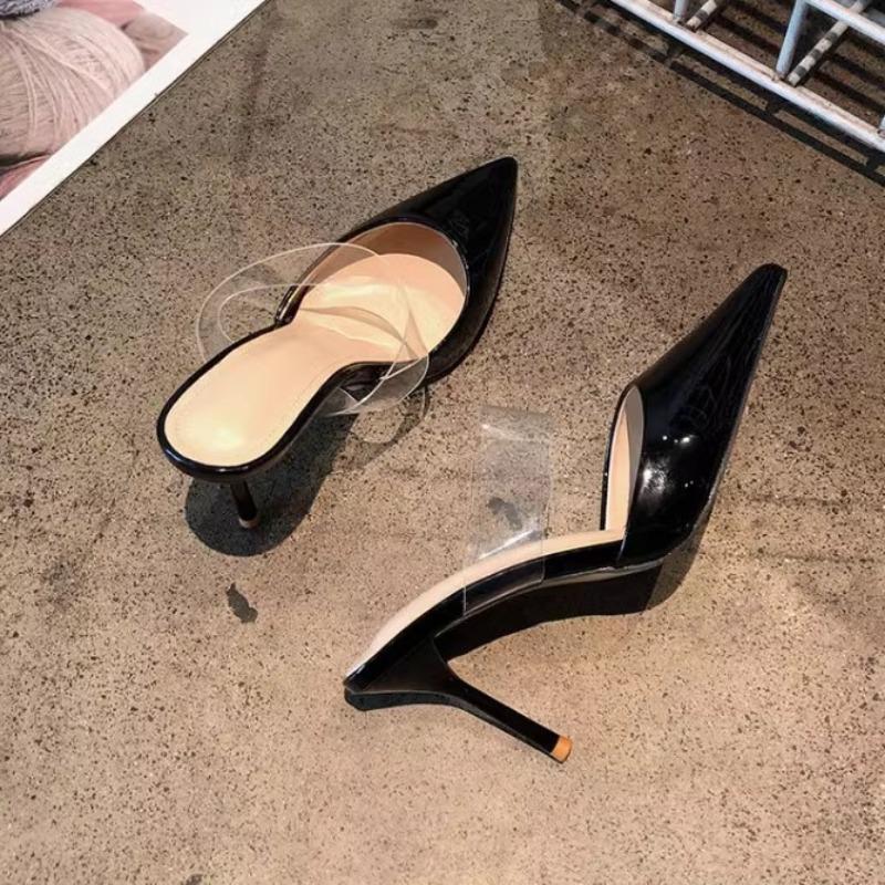 Nude Patent Leather Sexy Celebrity Pointed High Heels New Bag Head Transparent Word with Thin Heels Cool Slippers