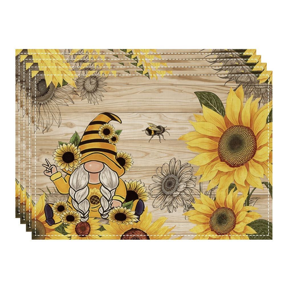 Sunflower Linen Placemats Sunflower Kitchen Decor, Vintage Spring Summer Sunshine Gnome Truck Table Mats for Farmhouse Holiday 4pcs