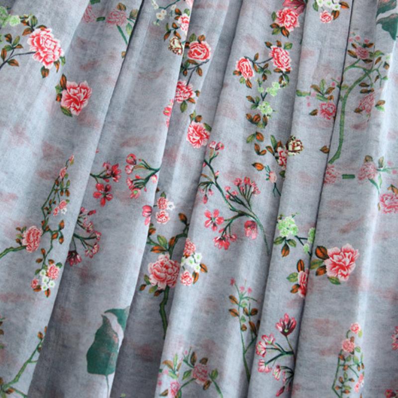 Japanischer Mori-Mädchen-Damen-Grau-Midirock, elastische Taille, Blumendruck, A-Linien-Rock, Prärie-Chic, Baumwolle, femininer langer Rock