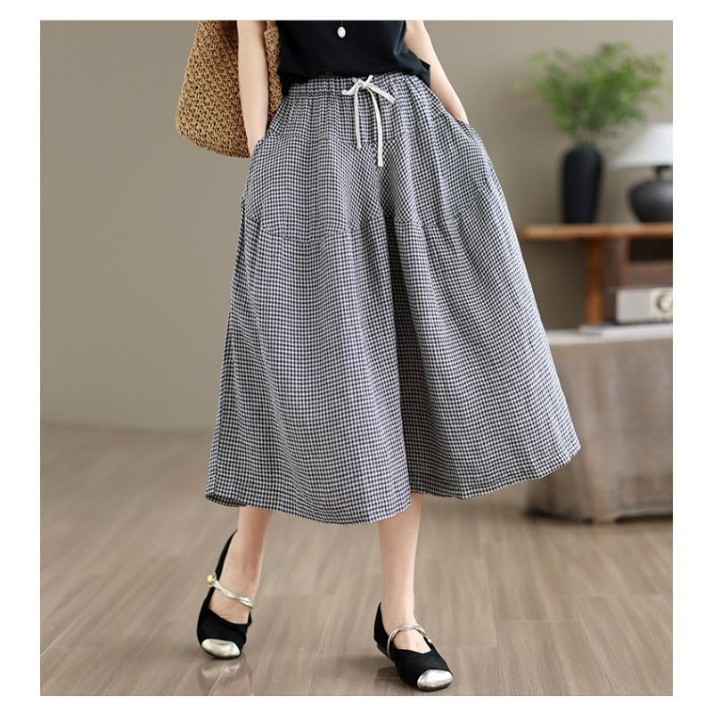 DIMANAF 2026 Summer New Plus Size Women Long Pants Cotton Vintage Loose Elastic Waist Casual Lady Bottoms Print Plaid Black
