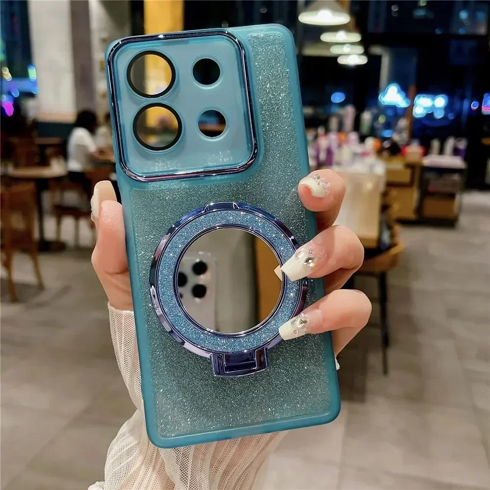 Lens Protection Film Glitter Silicone Soft Case for Oneplus 13R 1+13R Magnetic Mirrow Holder TPU Phone Bumper for One Plus ACE 5 Pro ACE5Pro 13