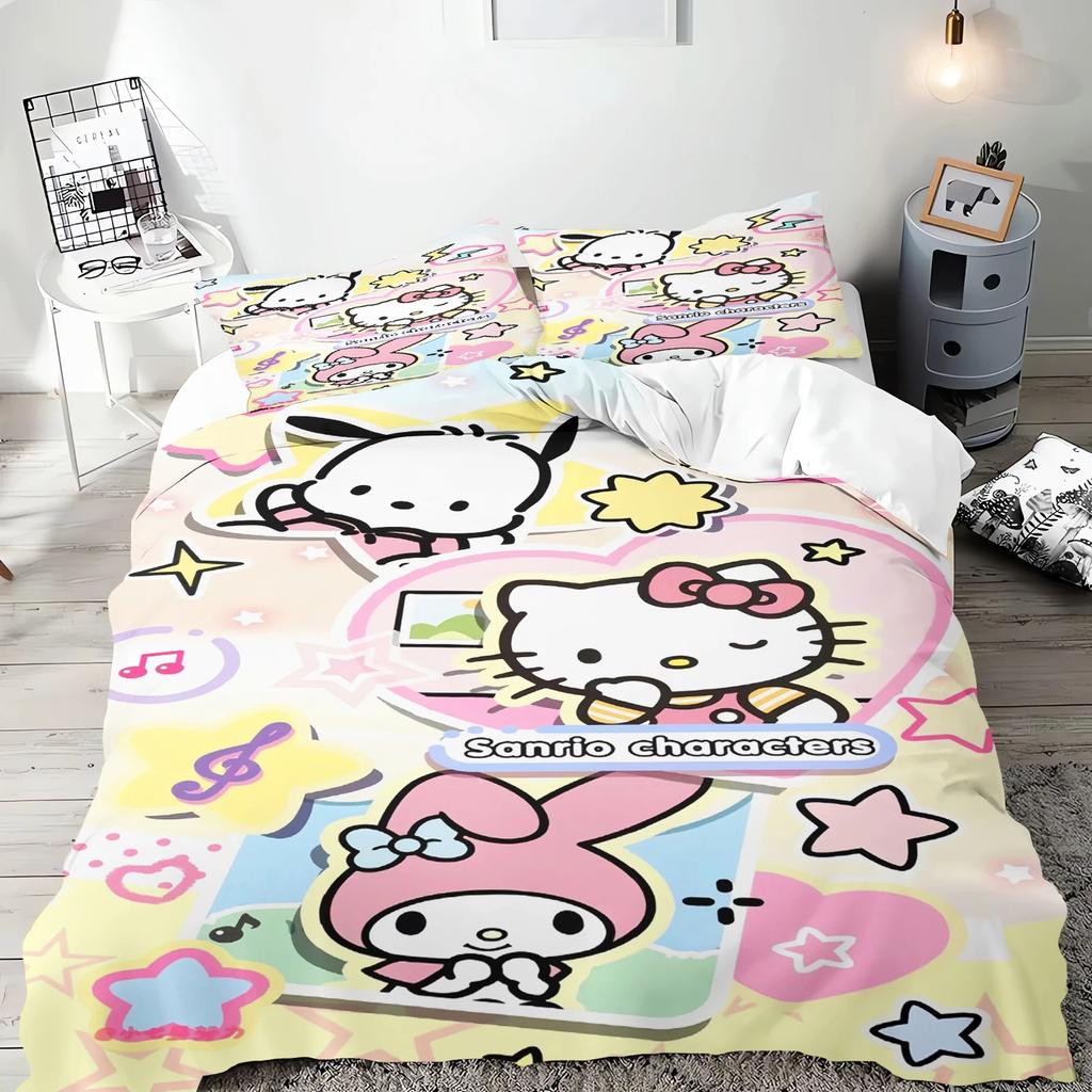 Sanrio Bedding Sets Hello Kitty Kuromi Cinnamoroll Comforter Bed Cover Duvet Cover Pillow Case 2-3 Pieces Sets Kids Adult Size