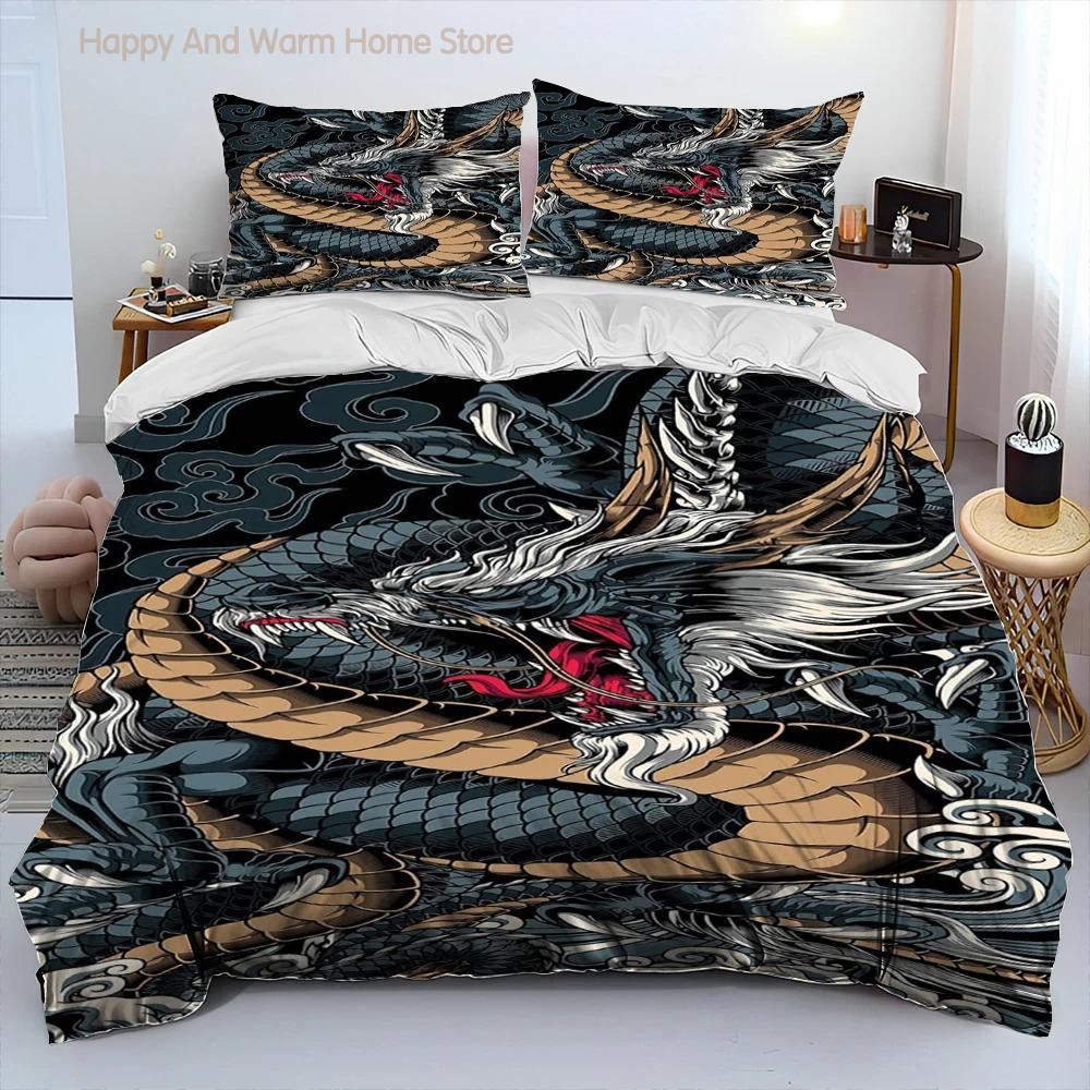 Drachen Cartoon Bettdecke Bettwäscheset, Bettbezug Bettset Steppdecke Kissenbezug, King Queen Size Bettwäscheset für Erwachsene Jungen Geschenk