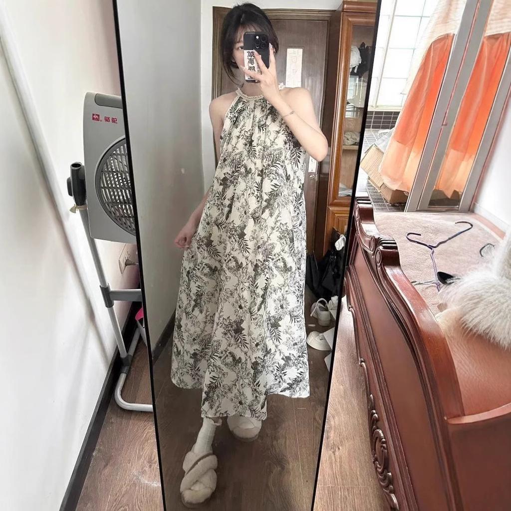 New Chinese style ink tie-dye suspender dress women's summer loose and thin holiday style long dress off-the-shoulder a-word skirt