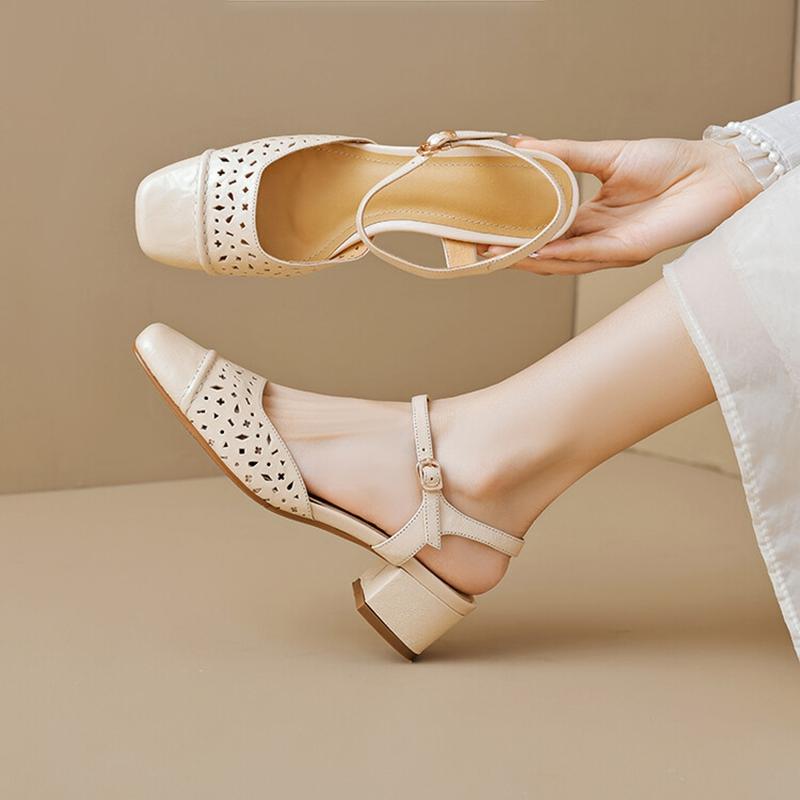 Móda NOVÉ Letní Dámské Sandály Semišové Boty pro Ženy Čtvercová Špička Robustní Podpatek Boty Elegantní Krytá Špička Nazouvací Duté Sandály