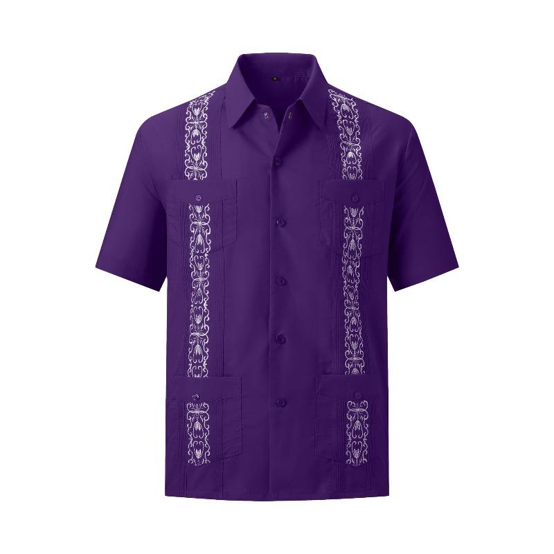 Camicia da uomo a maniche corte con bottoni, a righe Guayabella ricamate, quattro tasche, Dachen