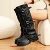 Herbst und Winter Neue Plateau Blockabsatz Mid-Schaft Stiefel Damen Runde Zehenpartie Metallschnalle Plateau Gürtelschnalle High Heel Stiefel