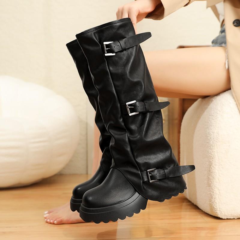 Herbst und Winter Neue Plateau Blockabsatz Mid-Schaft Stiefel Damen Runde Zehenpartie Metallschnalle Plateau Gürtelschnalle High Heel Stiefel