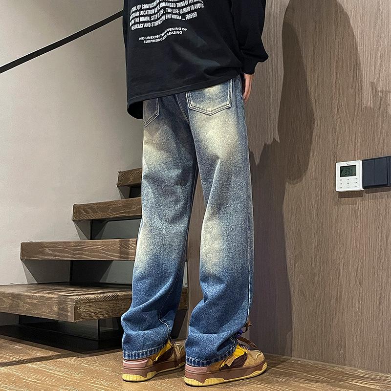 Yadu Four Seasons Washed Denim Jeans: Retro Hong Kong Style, Loose Straight-Leg Casual Pants for Men and Women (523)