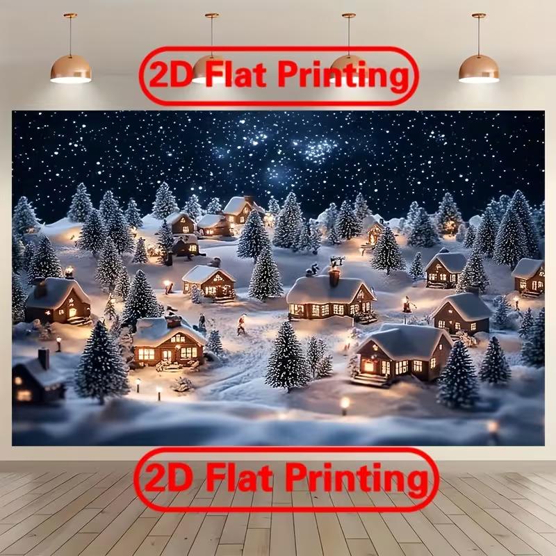 2D Winter Starry Night Village Backdrop Photography Background Banner 47.2x31.5inch/120*80cm