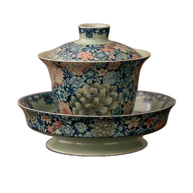 Blue And White Ru Kiln Sancai Cover Bowl Teacup Enamel Color Single High-End Tea Bowl With Lid Household Large Kung Fu Tea Set