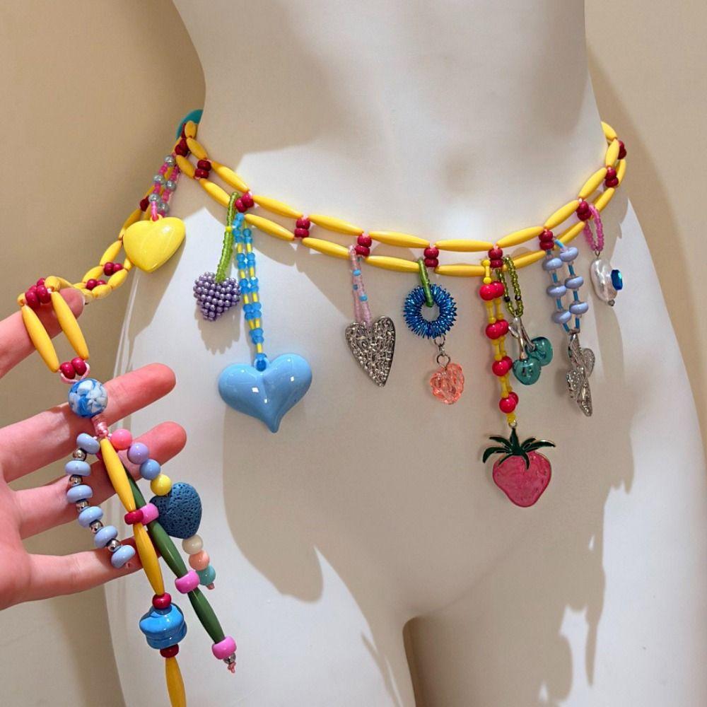 Y2K Dopamine Colored Beaded Waist Chain Hollow Out Bohemian Body Chain Metal Waist Chain  Summer
