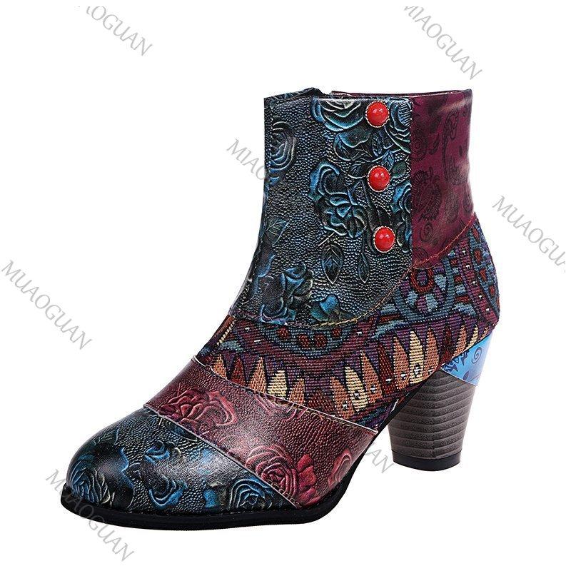 Fashion Women's Boots Large Size Fashion Ethnic Style Casual Fashion Retro Side Zip Color Blocking High-heeled Short Leather Botines