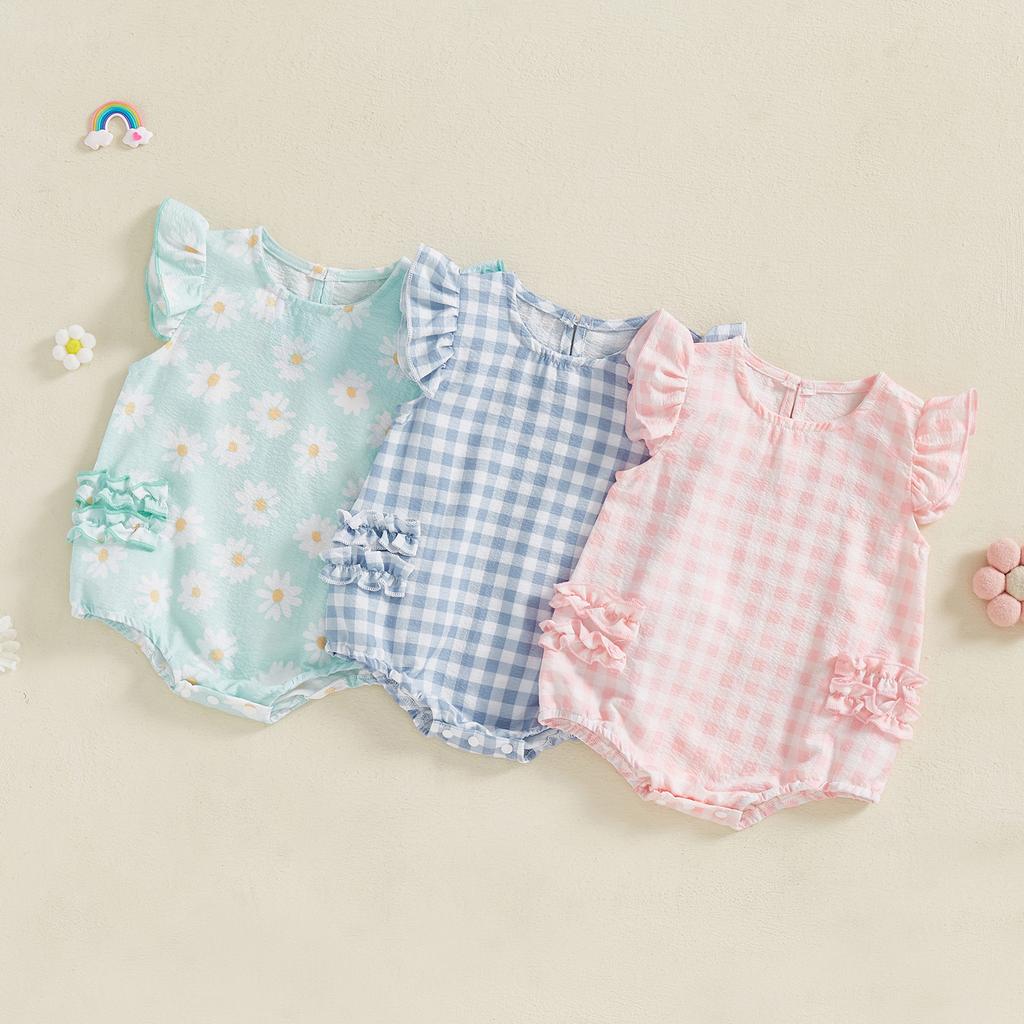 Baby Girls Rompers Plaid Frills Round Neck Fly Sleeve Infant Clothes Bodysuits Jumpsuits